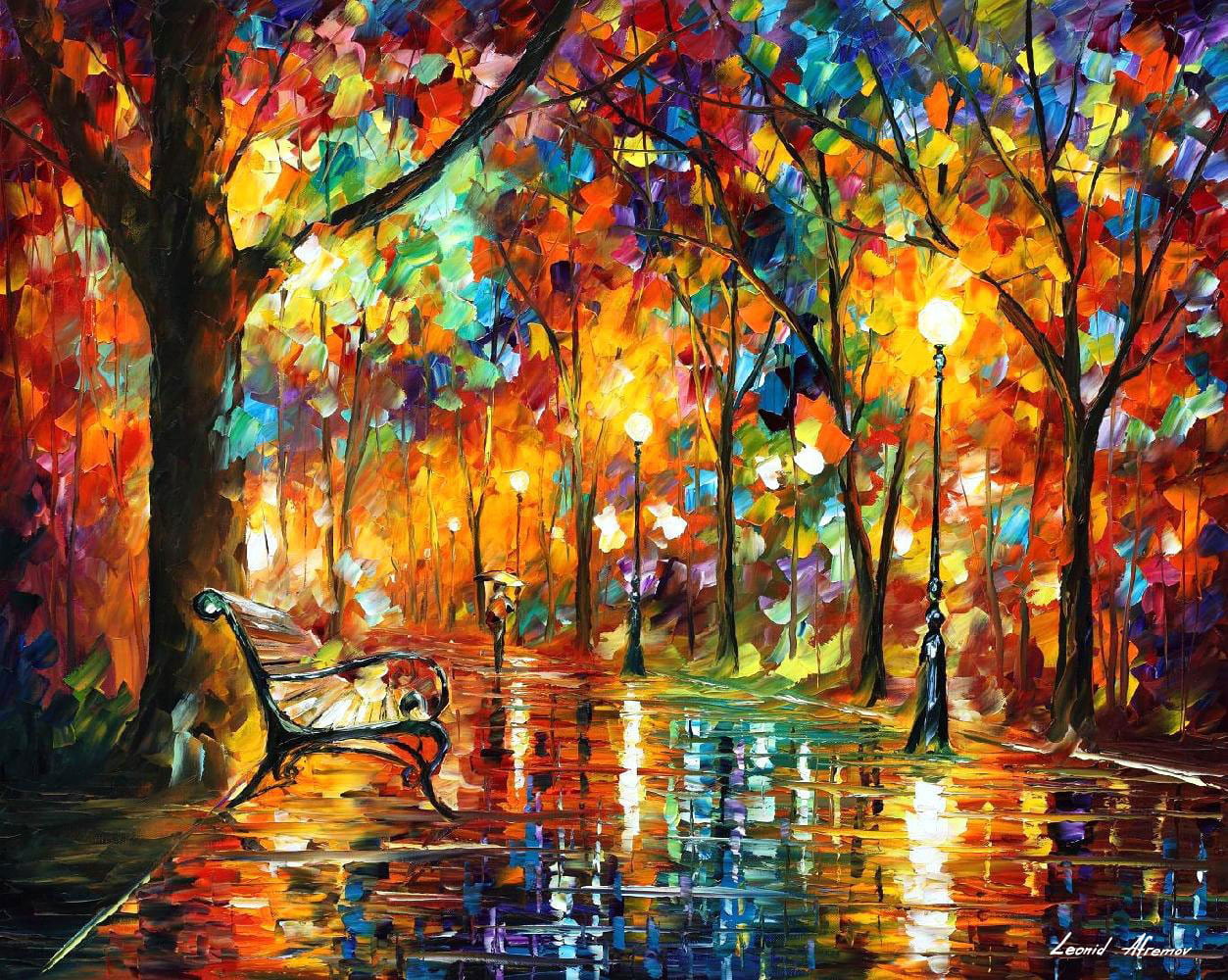 a colorful painting of a bench with trees surrounding it