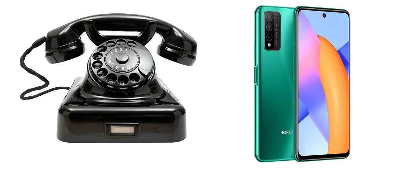 a picture of an old telephone vs a modern cellphone